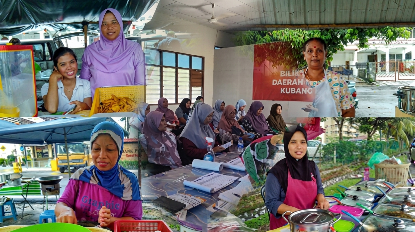 Women entrepreneurs at food stalls and community members learning together in a workshop