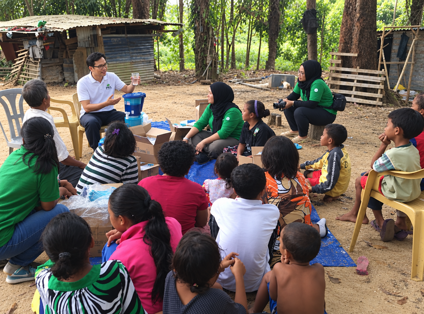 Community members and volunteers taking part in an outdoor discussion