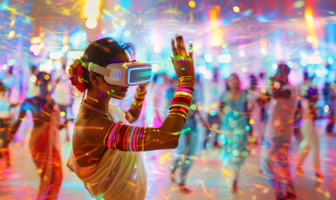 Cultural imagery combining traditional dress and virtual reality